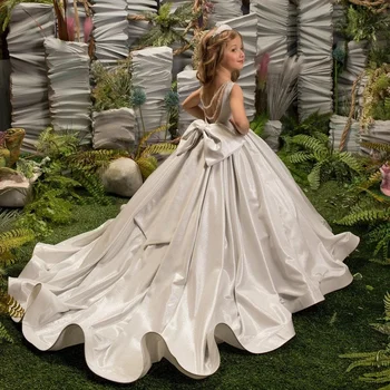 Бальное платье Принцессы Для девочек, Костюмы для первого Причастия, Платья, аппликации из бисера с цветочной спинкой и бантом 2023