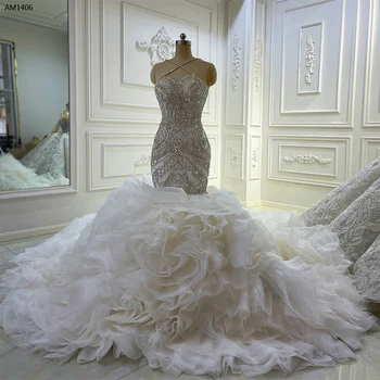 AM1406 Свадебное платье русалки без рукавов с оборками в виде сердца, расшитое бисером