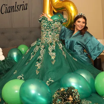 Зеленые пышные платья с открытыми плечами, тюлевые кружевные аппликации, платье для выпускного вечера, Vestido De 15 Anos, милое бальное платье, расшитое бисером