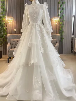 Современное многоуровневое мусульманское свадебное платье 2023 года С аппликациями, высоким вырезом и длинными рукавами, Свадебные платья из шифона, Элегантное Арабское платье Dubai Vestido