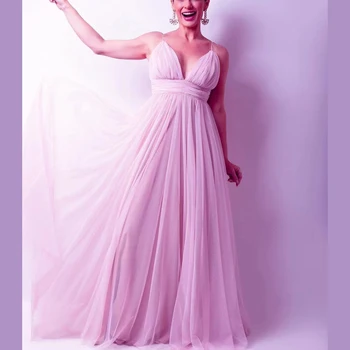 Вечернее платье на бретельках с V-образным вырезом, длинное платье Трапециевидной формы из розового тюля, сексуальное вечернее платье с открытой спиной, праздничное вечернее платье