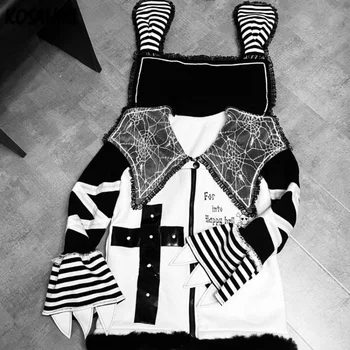 2023 Женская Полосатая Кружевная Готическая Куртка В стиле Пэчворк Y2k Эстетическое Гранжевое Пальто Kawaii Harajuku В стиле Пэчворк, Свободная Куртка В стиле Панк, Уличная Одежда