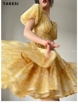 2023 Летние платья с пышными рукавами и V-образным вырезом и цветочным принтом, женские платья из французского элегантного шифона с высокой талией, тонкие платья принцессы желтого цвета