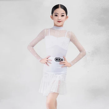 Костюм для латиноамериканских танцев для девочек, белый танцевальный костюм, одежда для выступлений в стиле Чача-Самба с длинным рукавом, Современная детская одежда для занятий YS5108