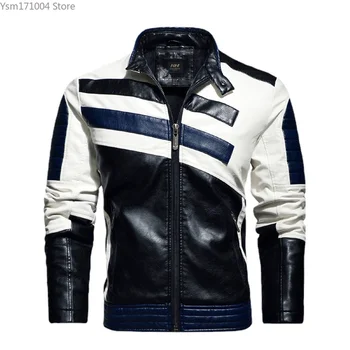 Мужская мотоциклетная куртка со стоячим воротником, тонкая флисовая приталенная кожаная куртка, модная мужская кожаная куртка, байкерская куртка, мужская