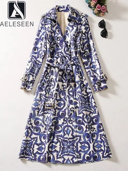 Модный осенне-зимний тренч AELESEEN для подиума, женский кардиган с карманом из искусственной кожи с фарфоровым принтом в синий цвет, кардиган для вечеринки, ветровка