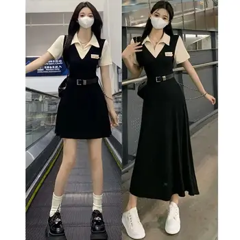 Летнее Корейское поддельное платье из двух предметов с короткими рукавами, женское облегающее платье в стиле пэчворк с завышенной талией, студенческий комплект для отдыха
