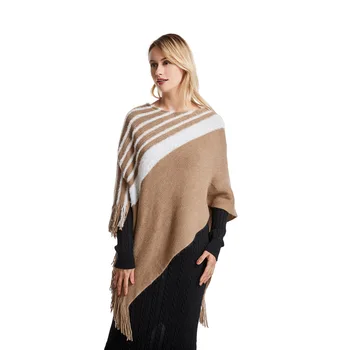 Satellite-ses.ru Amazon Wish Трансграничный 2019 Осенне-зимний женский свитер с накидкой в диагональную полоску большого размера в тон и кисточками