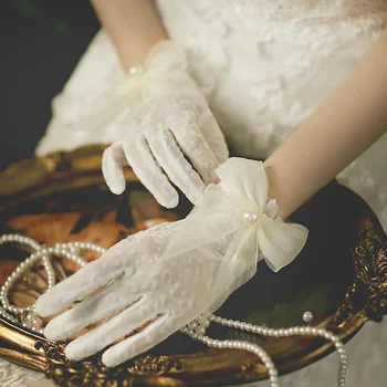 Сетчатое кружевное платье с бантом, Перчатки с перьями и жемчугом, свадебные Короткие Перчатки с полными пальцами, Аксессуары для костюмов для выпускного вечера.