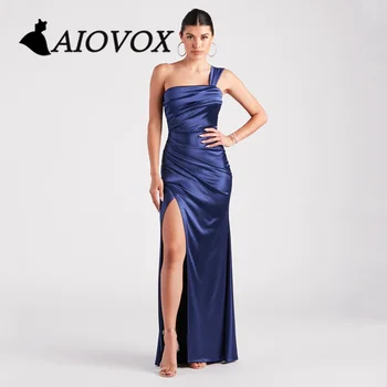 Вечернее платье AIOVOX на одно плечо для выпускного вечера, Элегантное плиссированное атласное вечернее платье в пол с разрезом в виде русалки, Vestido De Noche для женщин