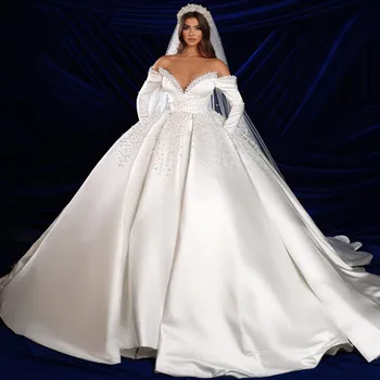 Изящные свадебные платья из жемчуга и страз с открытыми плечами, V-образный вырез, атласные бальные платья для невесты, Vestidos De Novia