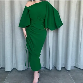 Элегантные короткие вечерние платья зеленого цвета на одно плечо с рюшами, длина по щиколотку в складку 