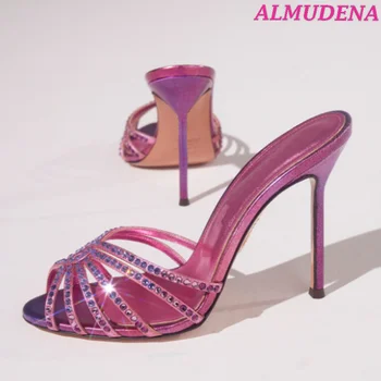Розовые металлические кожаные шлепанцы на высоком каблуке с кристаллами Женские Летние блестящие Зеленые тапочки на шпильке Сексуальные туфли-лодочки Роскошная дизайнерская обувь