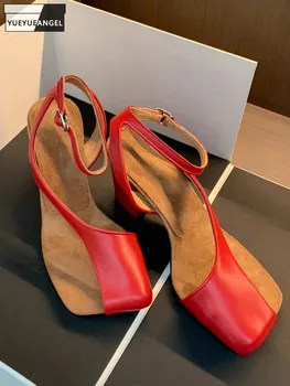 Офисные Женские Дизайнерские туфли на высоком каблуке с квадратным носком, открытые сандалии на массивном каблуке, Элегантные Женские сандалии из натуральной кожи