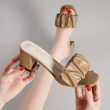 2023 Летние Новые Женские Тапочки На Высоком Каблуке С Квадратной Головкой, Корейская Версия, Модные Плиссированные Тапочки Большого Размера, Женская Обувь Zapatos
