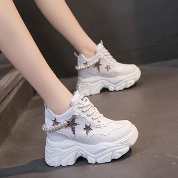Кроссовки на массивной платформе Женская обувь, увеличивающая рост, женские Модные жемчужно-белые Кроссовки Дизайнерская обувь Женская обувь