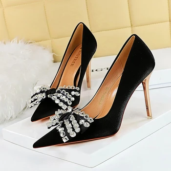 Высокие каблуки со стразами и бантом, шелковые туфли на тонком каблуке, размер 43, элегантные офисные туфли, свадебные туфли для невесты