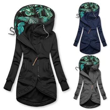 Куртка с капюшоном для женщин, однотонная куртка средней длины, пальто с принтом, модная зимняя теплая верхняя одежда, кардиган, топы