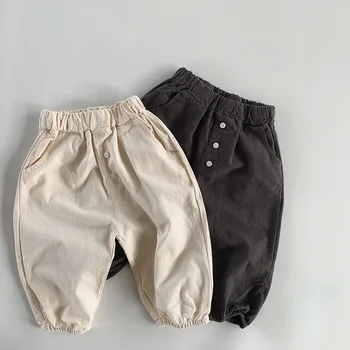 Детские брюки из чистого хлопка для мальчиков, новые однотонные повседневные брюки с завязками на ногах для девочек, свободные джинсы-комбинезоны Harlan