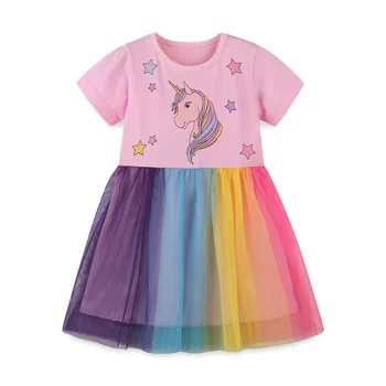 Платья-пачки для вечеринок принцессы с аппликацией в виде единорога, милая детская сетчатая одежда, детские платья с короткими рукавами, платье для малышей