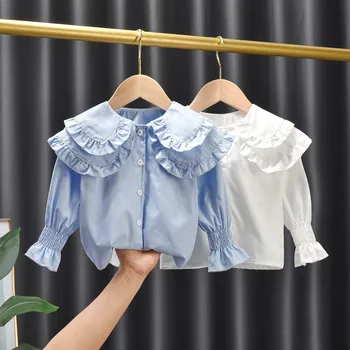 Блузки для маленьких девочек, Детские Хлопчатобумажные Рубашки 2023 года, Весенне-осенние Топы с Кукольным воротником От 1 До 6 лет, Детская Одежда в Корейском стиле, Однотонная