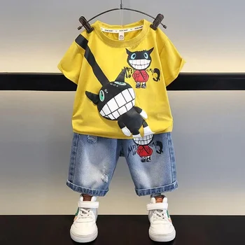 Модная летняя одежда из двух предметов, рубашка с короткими рукавами и джинсовые штаны с героями мультфильмов, повседневная спортивная одежда для маленьких мальчиков для детей от 1 до 8 лет