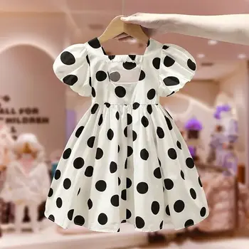 Детское платье с коротким рукавом, лето 2023, новое Корейское платье принцессы для маленьких девочек в горошек, модное
