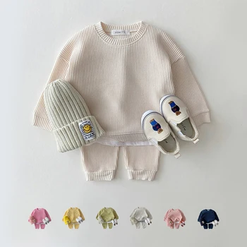 2023 Корейские комплекты одежды из детского хлопка Kintting, имитирующие двухсекционные комплекты одежды из вафельного хлопка для мальчиков и девочек, спортивный костюм, топы + брюки