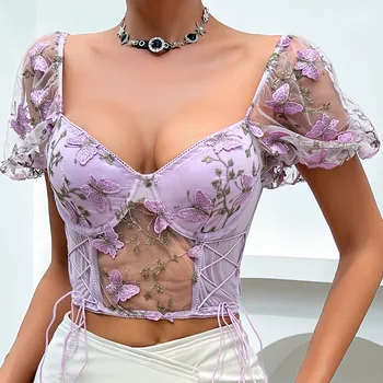 Multi цветы 2023 лето спинки прозрачный сетчатый топ для женщин слинг шитье вышивка цветок Y2k женщин футболки