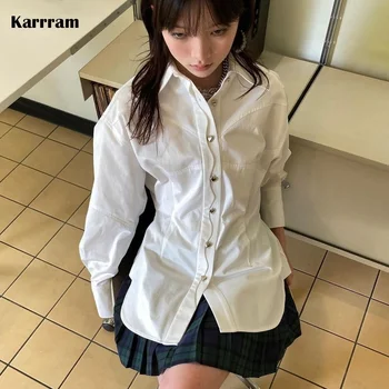 Корейская модная рубашка с пуговицами Love Kpop Шикарная дизайнерская одежда Белая рубашка в Японском стиле Preppy Уличная одежда в стиле Fairy Grunge