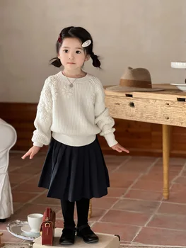 2023 осень и зима, новый детский белый вязаный свитер с объемным цветком