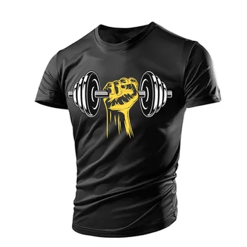 Повседневная футболка с мужскими гантелями для фитнеса, короткие рукава, дышащая, для легких упражнений, быстро сохнет, твердое лицо, мышцы, новая сумма