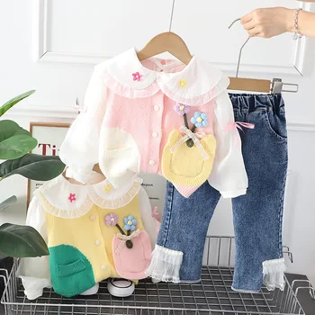 Комплект из трех предметов для девочек, осень 2023, Новый Корейский жилет с карманами в цветочек, блузки и джинсы