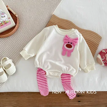 Осенний комплект одежды для младенцев и малышей, милый комбинезон с длинными рукавами и полосатые колготки