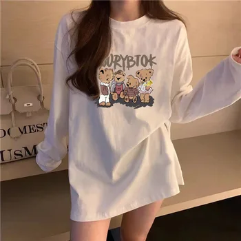 Хлопковая футболка с корейским принтом и длинным рукавом, Женские футболки Harajuku Y2k, топы Оверсайз с буквенным рисунком, Повседневная уличная одежда, Топы Осень