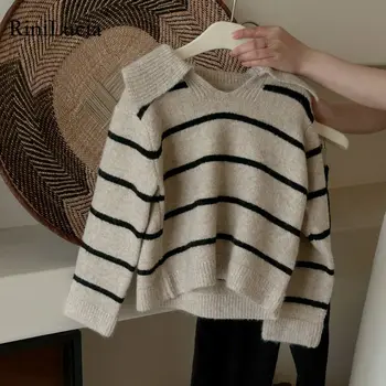RiniLucia, Детский свободный свитер в полоску, осенний детский свитер с отложным воротником, Детский пуловер, вязаная одежда, модный свитер для маленьких девочек