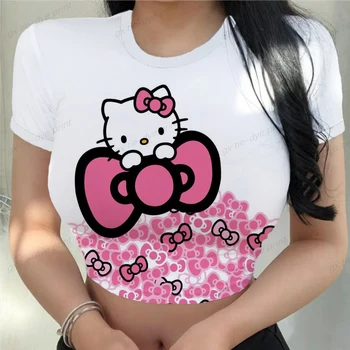 Базовая женская футболка с коротким рукавом, повседневная футболка с мультяшным рисунком, укороченный топ, женская модная Корейская рубашка, футболка с рисунком 