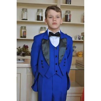 Детский синий костюм-фрак для мальчиков, комплект из трех предметов, 2023, Новая детская одежда для торжественных случаев для джентльменов, свадебный мальчик-цветок