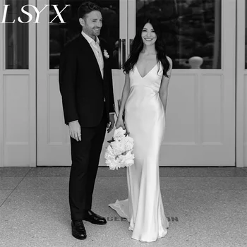 Образец LSYX, Атласное свадебное платье Русалки без рукавов с глубоким V-образным вырезом, свадебное платье с открытой спиной и шлейфом, сшитое на заказ.