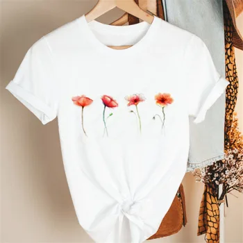 Женский топ с круглым вырезом, модная футболка с цветочным принтом, женская забавная повседневная футболка с короткими рукавами и мультяшным принтом.
