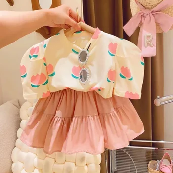 Детская одежда, комплекты принцессы для милых девочек, новинка лета 2023, футболка с рукавами-тюльпанами в корейском стиле, комплект из двух предметов, торт