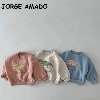 Корейский стиль, Новые весенне-осенние свитшоты для маленьких девочек и мальчиков, пуловер с круглым воротником в виде динозавра, Топ, Повседневная одежда для младенцев E12067