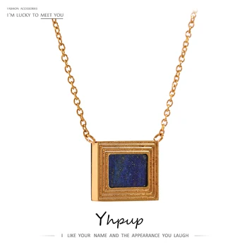 Yhpup Квадратное ожерелье с подвеской из нержавеющей стали, ожерелье-ошейник из камня Лазурит, ювелирные изделия для женщин, подарок на фестиваль