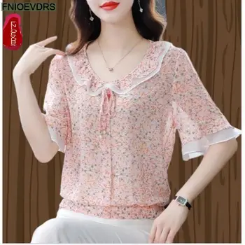 S-3XL 2023 Женская Летняя Элегантная Офисная женская Розовая рубашка с коротким рукавом, повседневные шифоновые топы и блузки с цветочным принтом и оборками