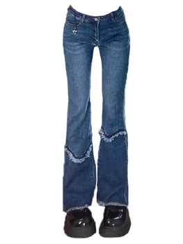 Шикарные женские расклешенные джинсовые брюки в стиле ретро с высокой талией в корейском стиле Y2k Уличная одежда Винтажные синие широкие брюки полной длины Slim Jean