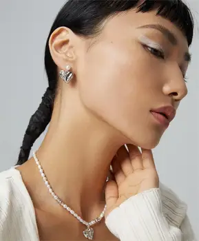 Серьги-сердечки и ожерелье для женщин из стерлингового серебра 925 пробы с натуральным жемчугом Средневековая серия, комплекты украшений в стиле ретро Мода 2023 г.