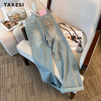 Прямые джинсовые брюки Y2K в винтажном стиле пэчворк с высокой талией в уличном стиле, Корейские модные Женские широкие джинсовые брюки с мешковатыми штанинами