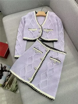 Новое поступление осени 2023, Фиолетовый Вязаный Женский Короткий свитер с длинным рукавом и V-образным вырезом, однобортное женское пальто-кардиган
