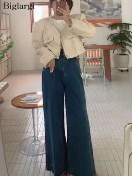 Осенние джинсовые брюки с высокой талией, женские повседневные свободные женские джинсовые брюки в корейском стиле, широкие модные женские длинные брюки 2023