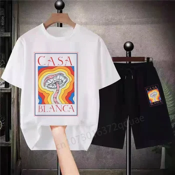Новый комплект футболок Casablanca Mushroom, хлопковая мужская Женская пара, Черный, белый, Классический костюм с коротким рукавом, Шорты, футболка, спортивный костюм из 2 предметов